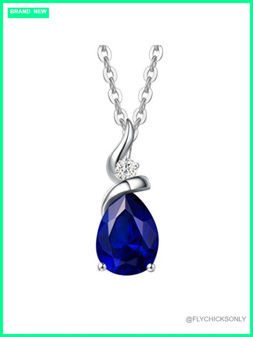 14K Solid White Gold Pear Sapphire Pendant Necklace with Lab Diamond Fine